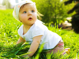 Summer portrait of beautiful baby girl on the lawn